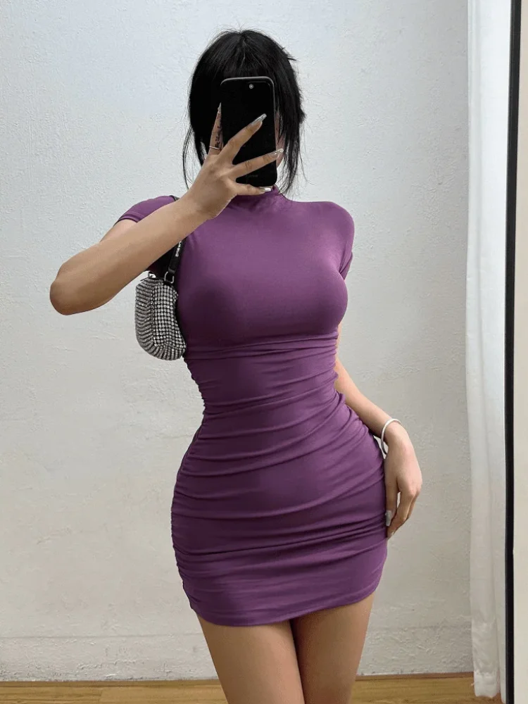 Half High Collar Pleated Waist Dress