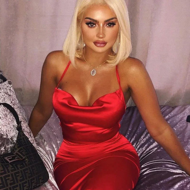 Neon Satin Lace Up Long Midi Dress