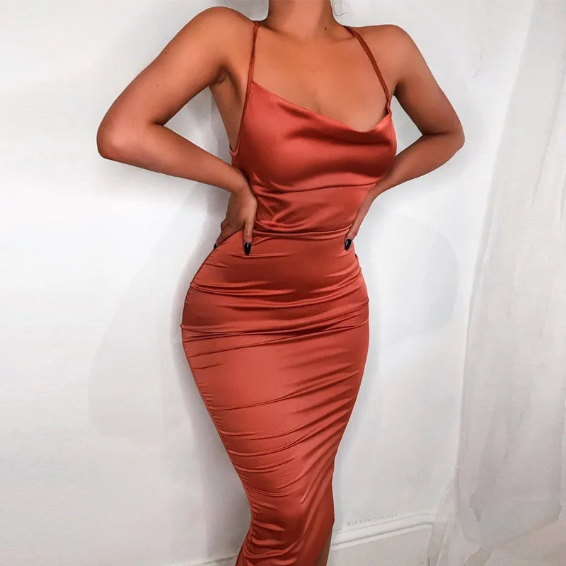 Neon Satin Lace Up Long Midi Dress
