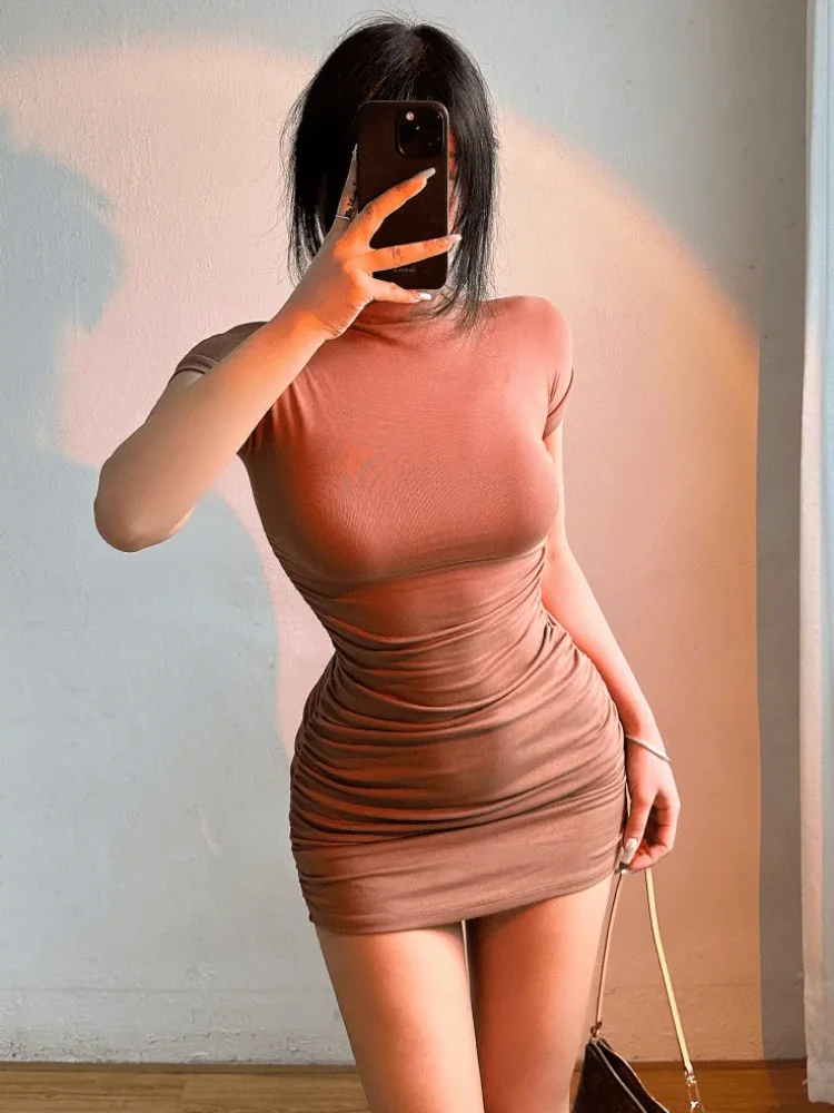 Half High Collar Pleated Waist Dress