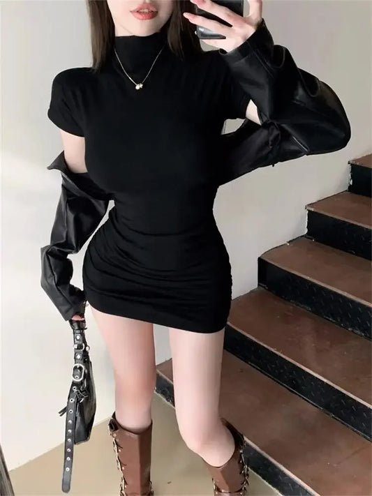 Half High Collar Pleated Waist Dress