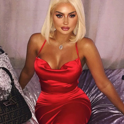 Neon Satin Lace Up Long Midi Dress
