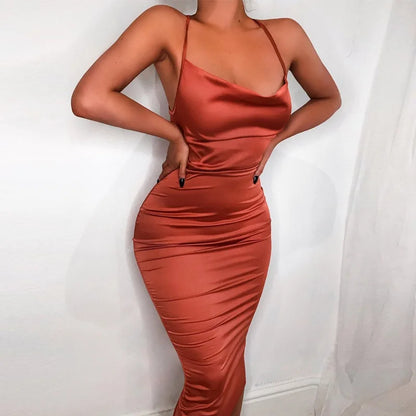 Neon Satin Lace Up Long Midi Dress
