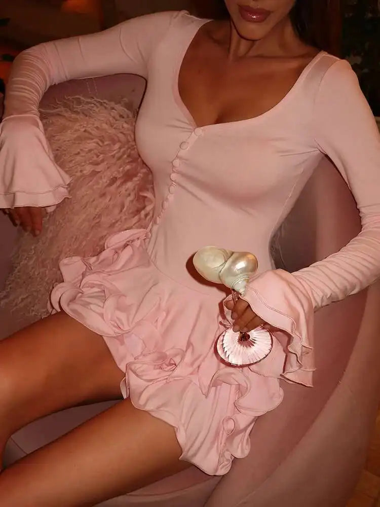 Flare Sleeve Ruffle V Neck Mini Dress