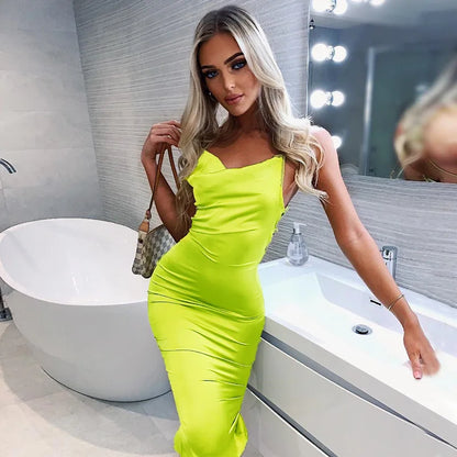 Neon Satin Lace Up Long Midi Dress